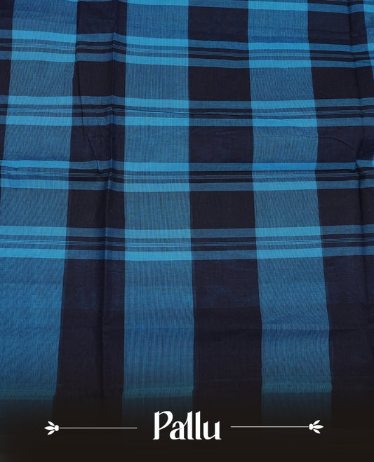 Navy blue & Blue colour chettinad cotton saree featuring check pattern on body, complemented by Self Colour with gold zari border, comes with matching blouse piece.