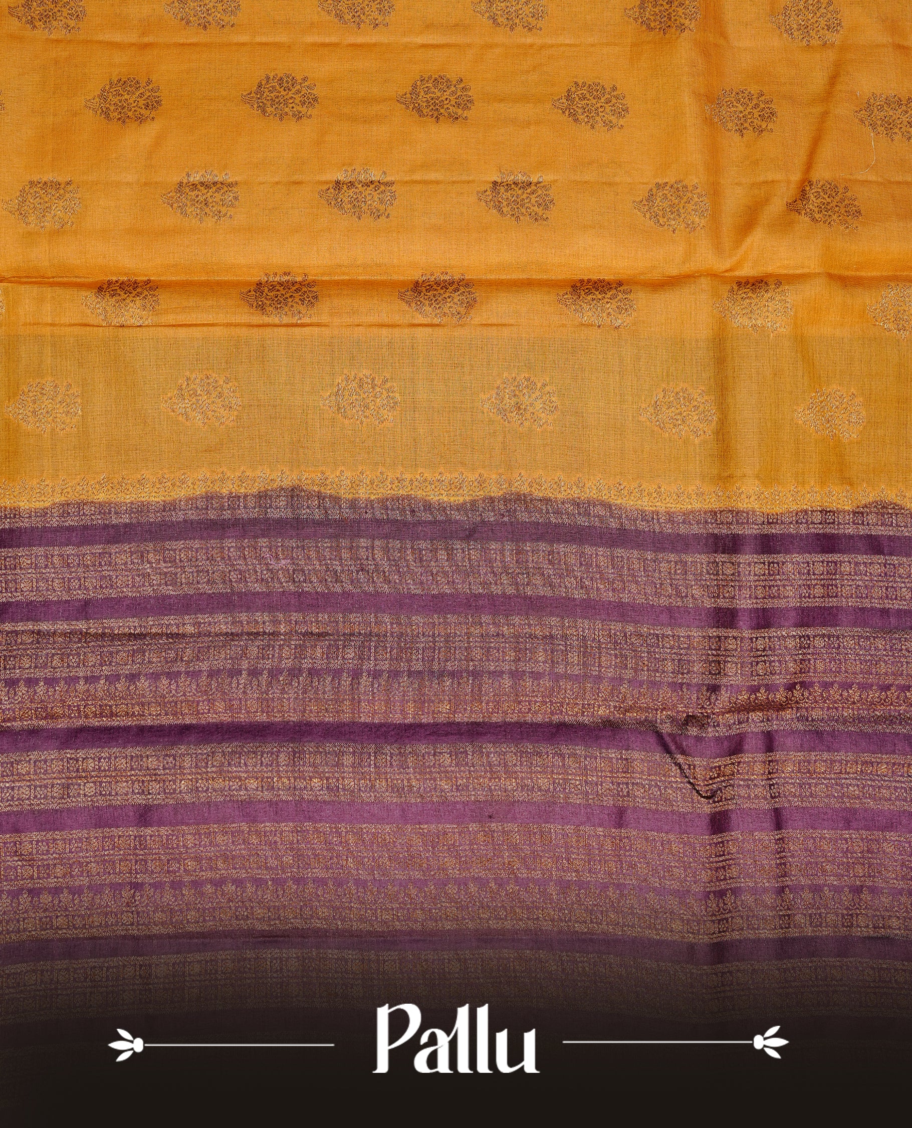 Mustard colour pure tussar banaras silk saree featuring gold zari motifs on body, highlighting contrast Purple colour with zari border, paired with matching blouse piece.