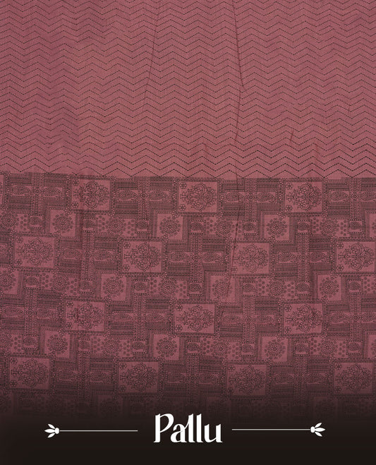 Pastel Dark Pink Poly Cotton Saree with Black Zigzag Body Pattern, Matching Pallu in Black Chevron Lines & Panelled Floral-Paisley Design, and Coordinated Floral Paisley Printed Blouse Piece.