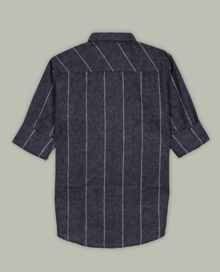 Dark Grey colour shirt soft cotton, featuring white vertical lines for a sleek, timeless look, Designed with a classic collar and full sleeves, it blends effortless style with everyday comfort.