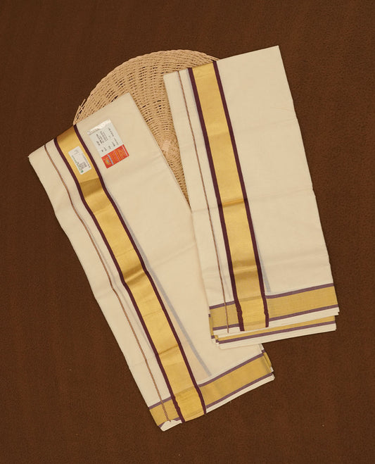 Off white colour cotton set mundu highlights gold and chocolate brown zari border (2.00/2.80 MTS)