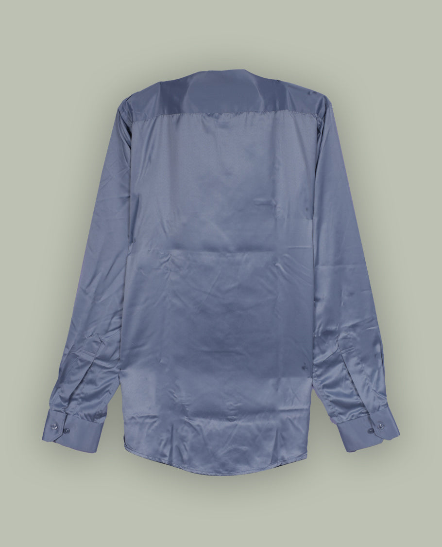 Pastel blue colour satin shirt with a smooth, lustrous finish. Features a classic collar, full sleeves with cuffs, and a front pocket & Perfect for evening wear or special occasions with a sleek, polished look.