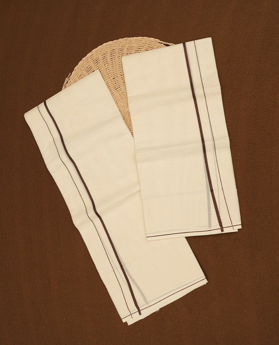 Off white colour cotton set mundu highlights white and chocolate brown simple border (2.00/2.80 MTS)