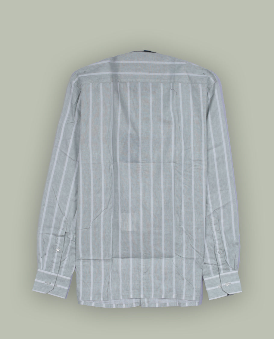Light green colour full sleeve shirt featuring vertical white stripes for a clean, slimming look & Styled with a classic collar, button down front, and chest pocket.