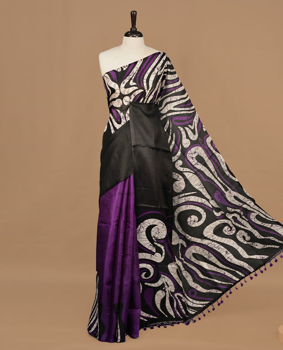 Purple With Black Colour Khadi silk saree Featuring Abstract Print Patterned & Curved Wave Like Line Detailed Body, Paired with matching blouse piece.