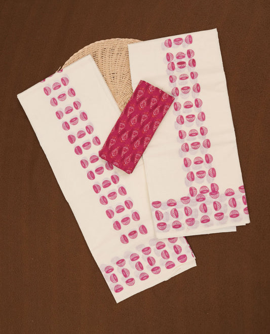 Off white colour cotton set mundu highlights gold and brown box zari border featuring purple colour block print across border (2.00/2.80 MTS)