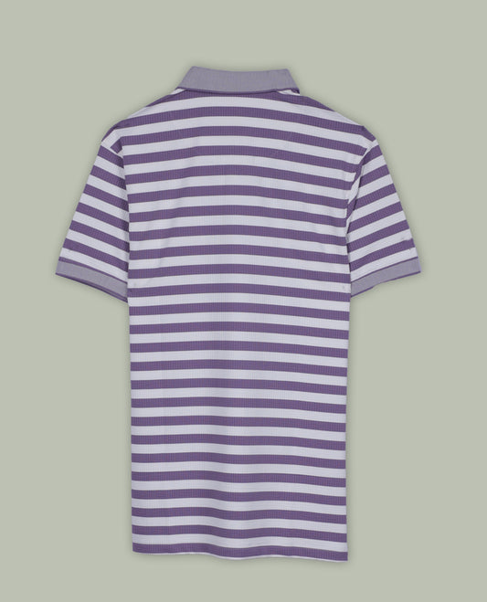 Purple and white colour striped T shirt featuring a classic shirt collar and short sleeves, offering a trendy yet casual look.