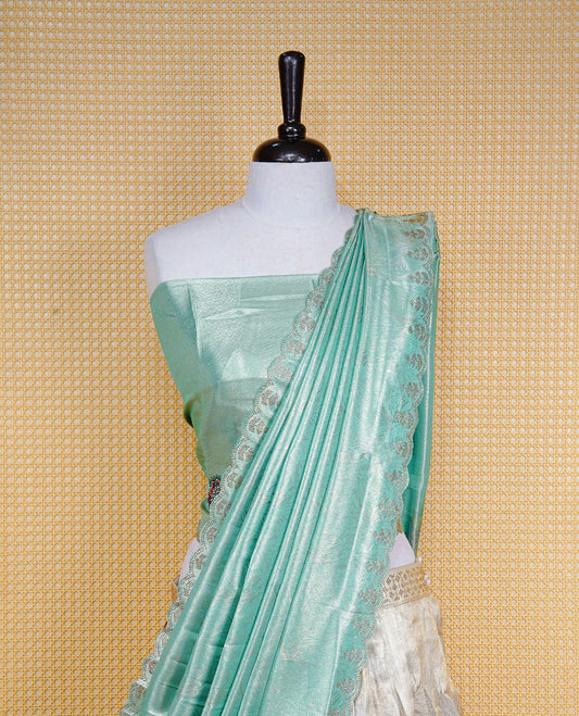 Light gold & Mint Semi Stitched Dhavani Set Light Gold Skirt With Floral Pattern With Stone Worked Border, Paired with Unstitched Blouse, Elegant Dupatta For Prefect look.