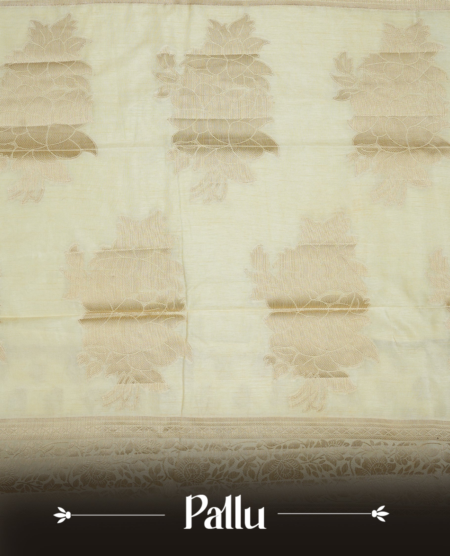 Cream colour semi Tussar silk saree featuring an elegant plain body, complemented by a self colour border adorned with traditional gold zari floral kodi patterns. Comes paired with a matching blouse piece.