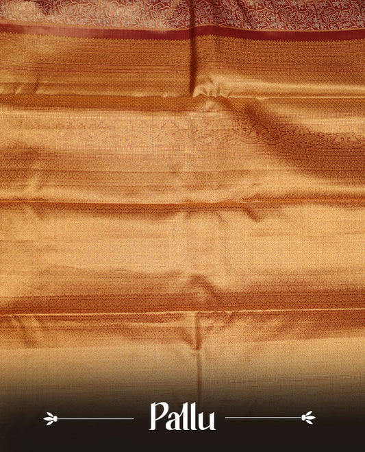Gold & Burgundy double shade colour kancheepuram tissue silk saree featuring gold zari floral kodi pattern on body, complemented by contrast Burgundy colour with traditional border, paired with matching blouse piece.