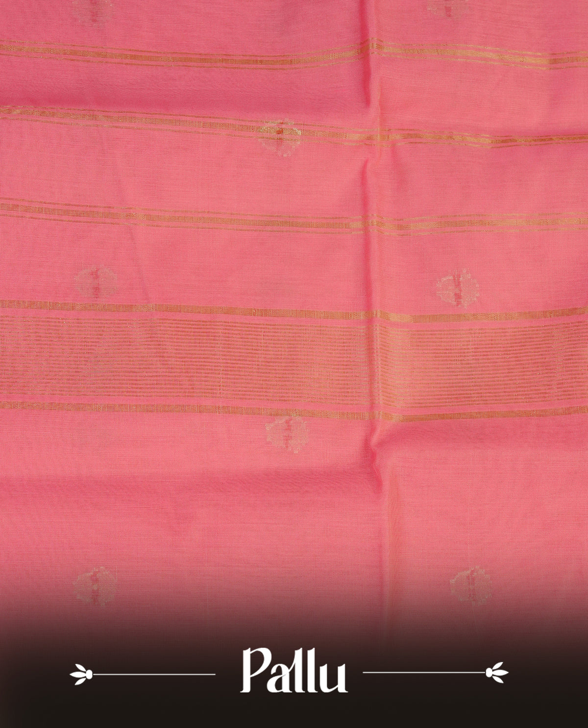 Bright peach colour Maheshwari cotton saree, gold zari floral motifs on body, complement light pink colour gold zari border comes with matching blouse.
