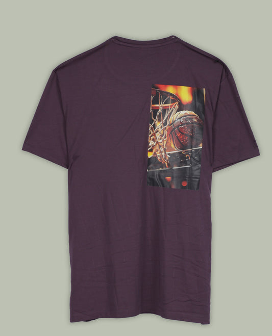 Deep purple colour T shirt featuring graphic print colour on the left & back , designed with a classic round neck and short sleeves & it offers a stylish and comfortable everyday look.