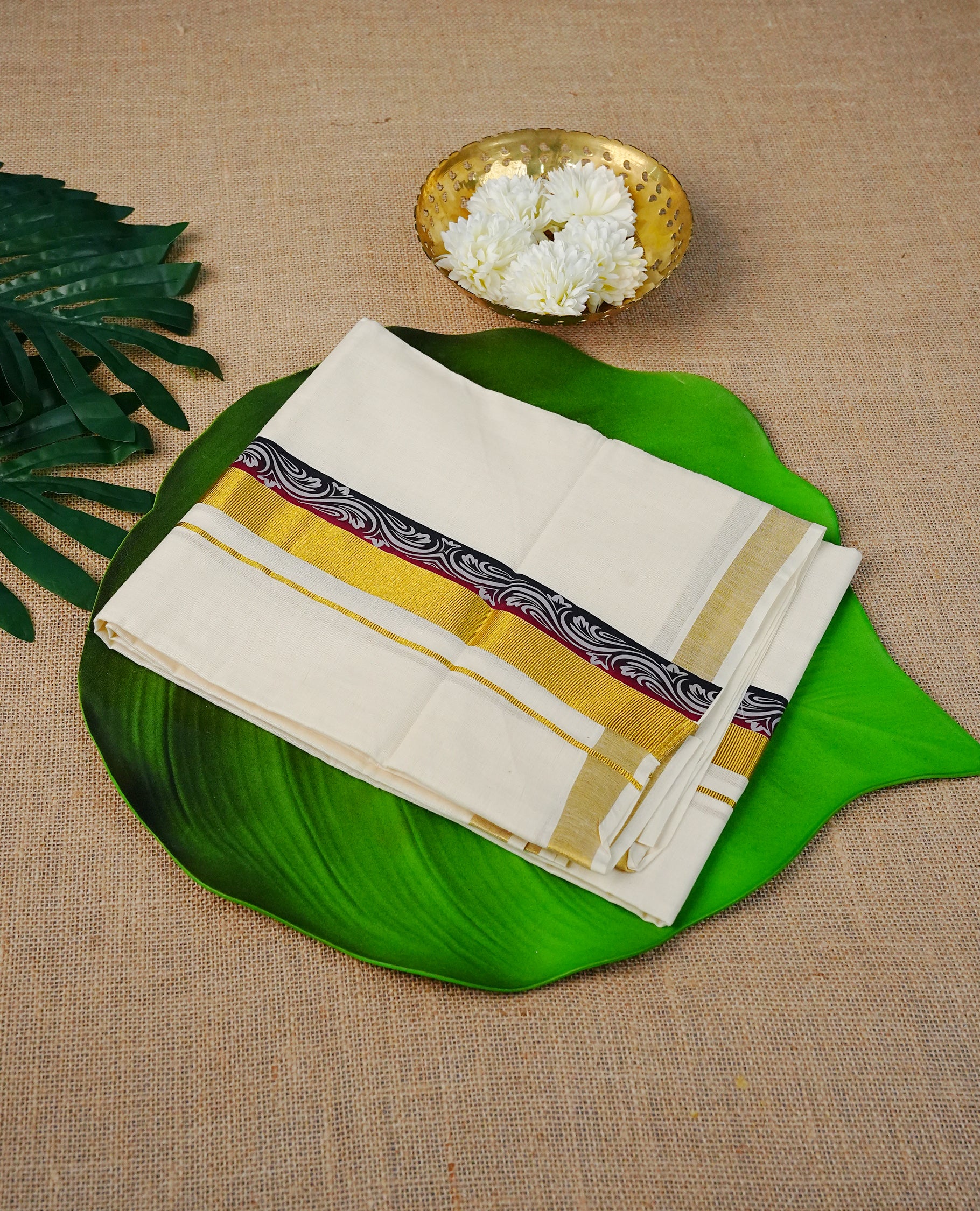 Cream Colour Cotton Double Dhoti Finished With A Classic Golden Zari Kara with digital print