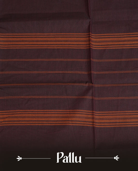 Dark Brown colour chettinad cotton saree featuring elegant plain body, Contrast Magenta colour with Gold zari border, comes with matching blouse piece.