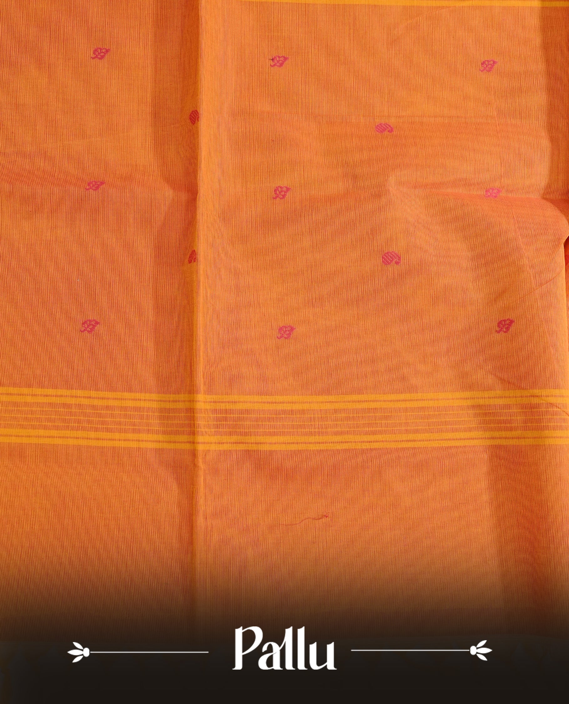 Orange colour Chettinad cotton saree featuring magenta Motifs on body, complemented by contrast magenta colour with Gold zari border, matching blouse piece.