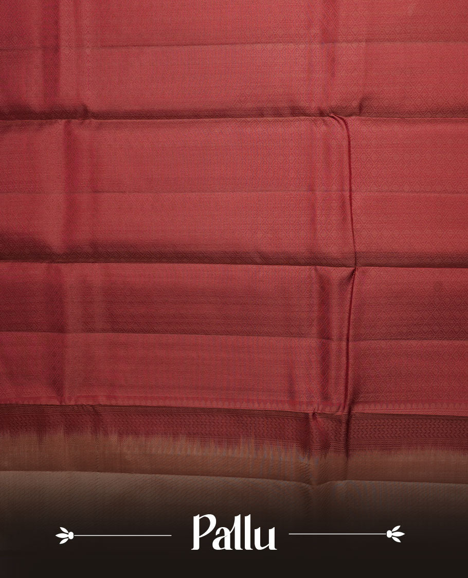 Beige colour soft silk saree featuring zari pattern on body, complemented by contrast brown zari patterned border, and paired with matching blouse piece.