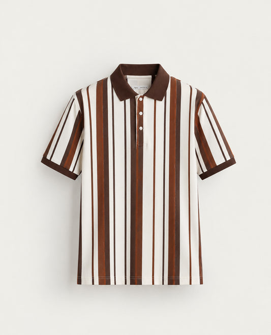 Cream colour Tshirt featuring Collar design neck, elegant Strip pattern on body and Half sleeve.