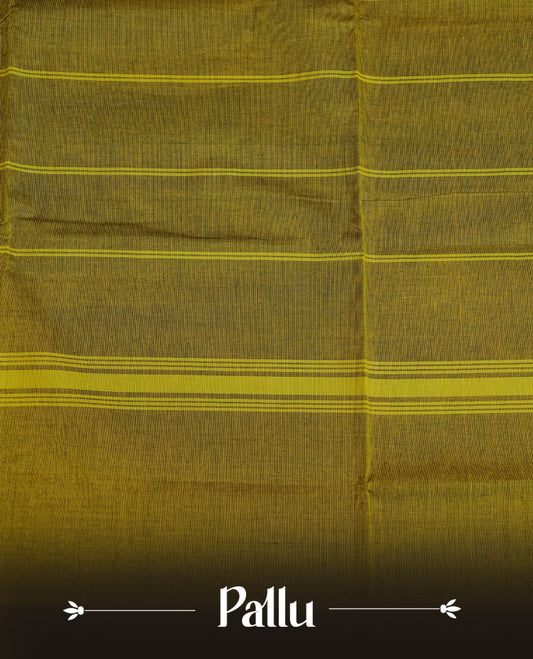 Olive colour chettinad cotton saree featuring Elegant plain body,contrast Maroon colour with Gold zari border, comes with matching blouse piece.
