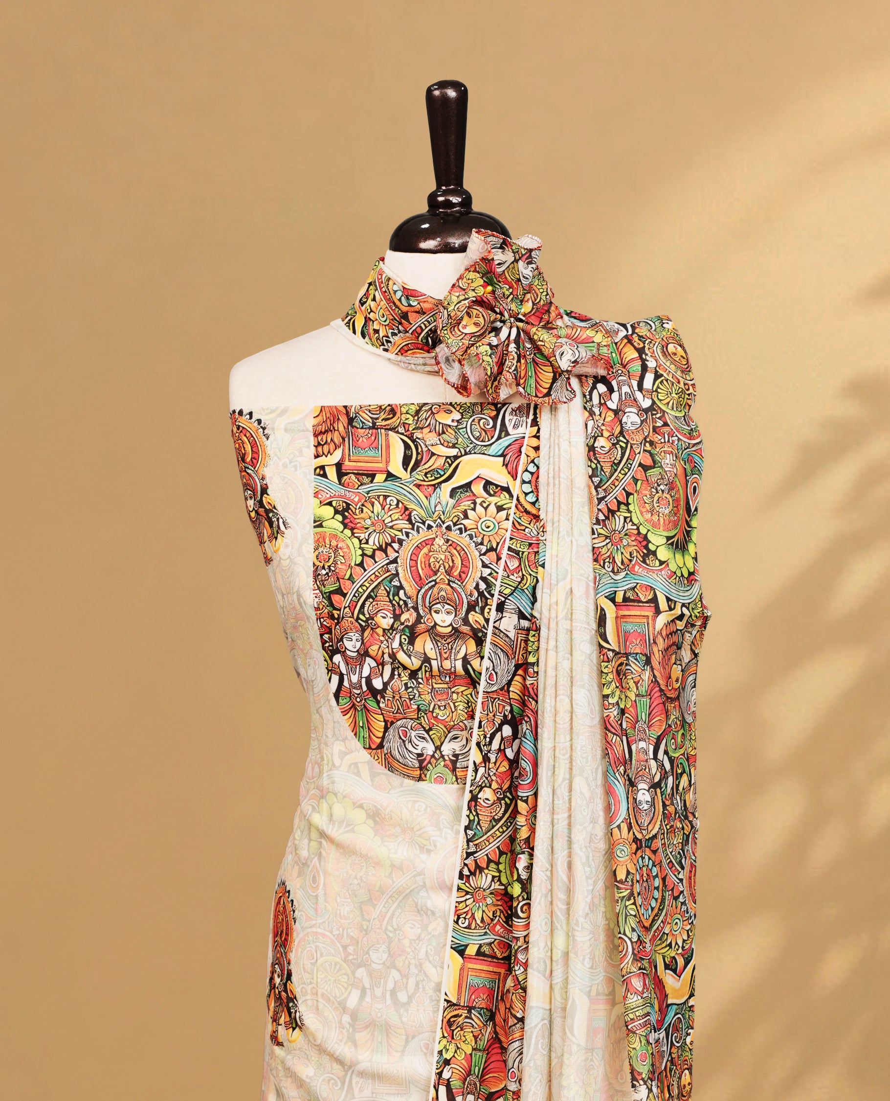 Cream colour salwar material Featuring Indian Art forms Print on body, paired with matching bottom & Elegant Dupatta