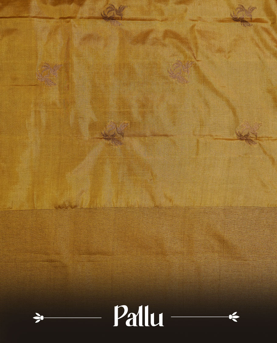 GoldenRod colour semi banaras tussar silk saree highlighting gold zari bird motifs on body, complemented by self colour with antique zari border, paired with matching blouse piece.