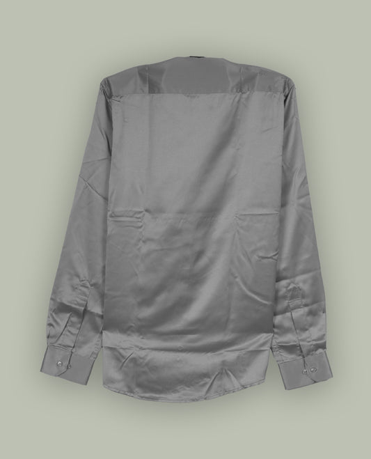 Pastel grey colour satin shirt with a smooth, lustrous finish, Features a classic collar, full sleeves with cuffs, and a front pocket & Perfect for evening wear or special occasions with a sleek, polished look.