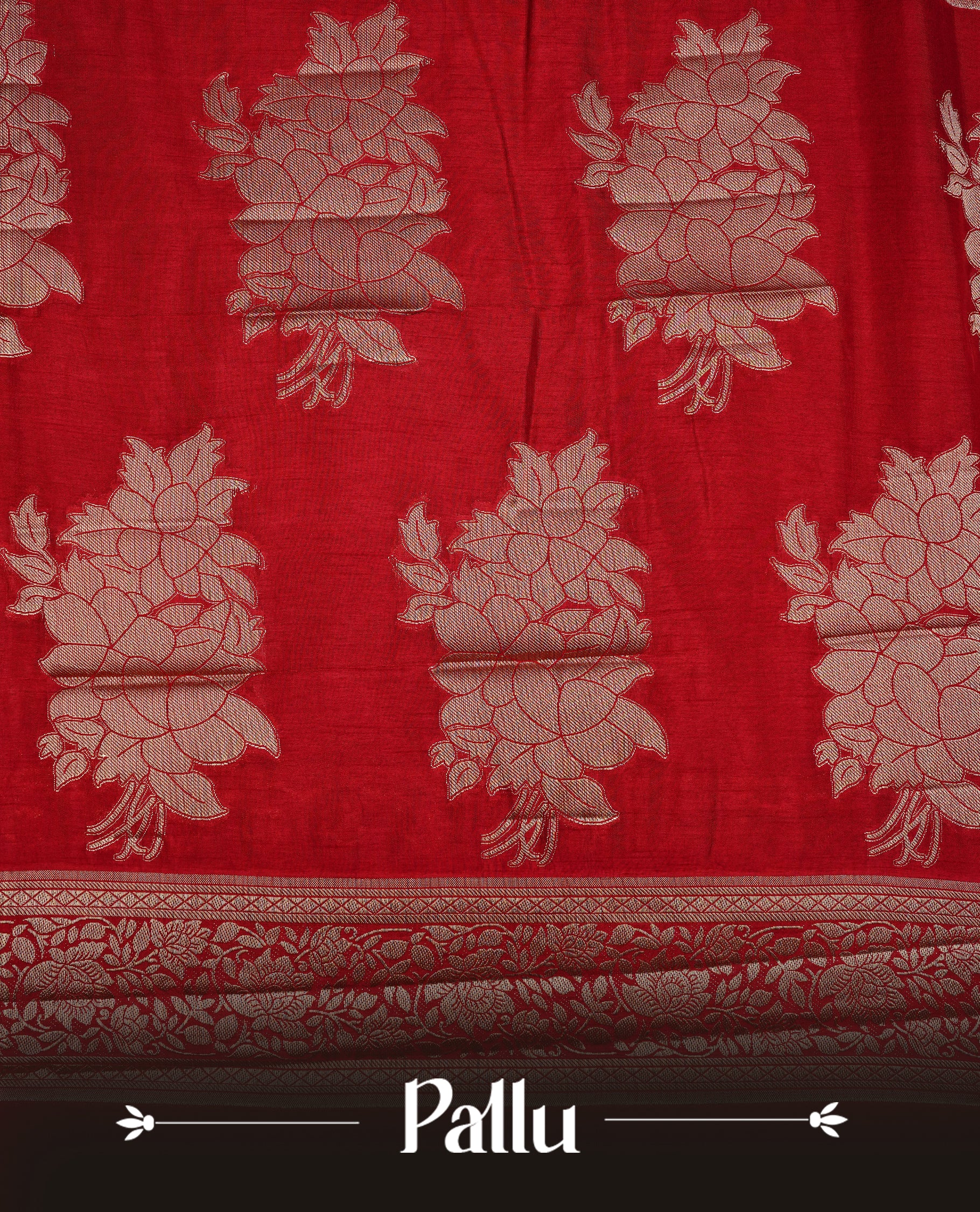 Red colour semi Tussar silk saree featuring an elegant plain body, complemented by a self colour border adorned with traditional gold zari floral kodi patterns. Comes paired with a matching blouse piece.