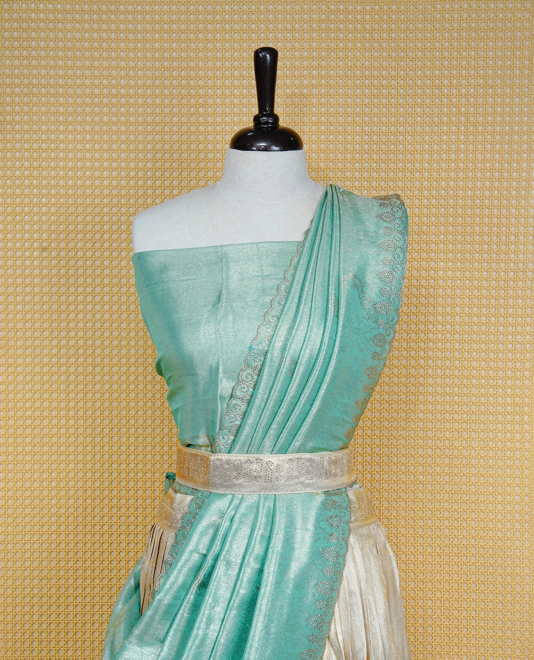 Light gold & Mint Semi Stitched Dhavani Set Light Gold Skirt With Peacock Pattern With Stone Worked Border, Paired with Unstitched Blouse, Elegant Dupatta For Prefect look.