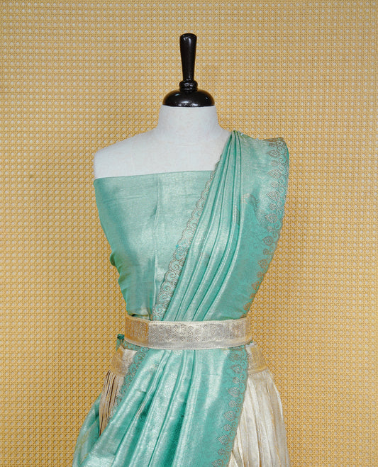 Light gold & Mint Semi Stitched Dhavani Set Light Gold Skirt With Peacock Pattern With Stone Worked Border, Paired with Unstitched Blouse, Elegant Dupatta For Prefect look.