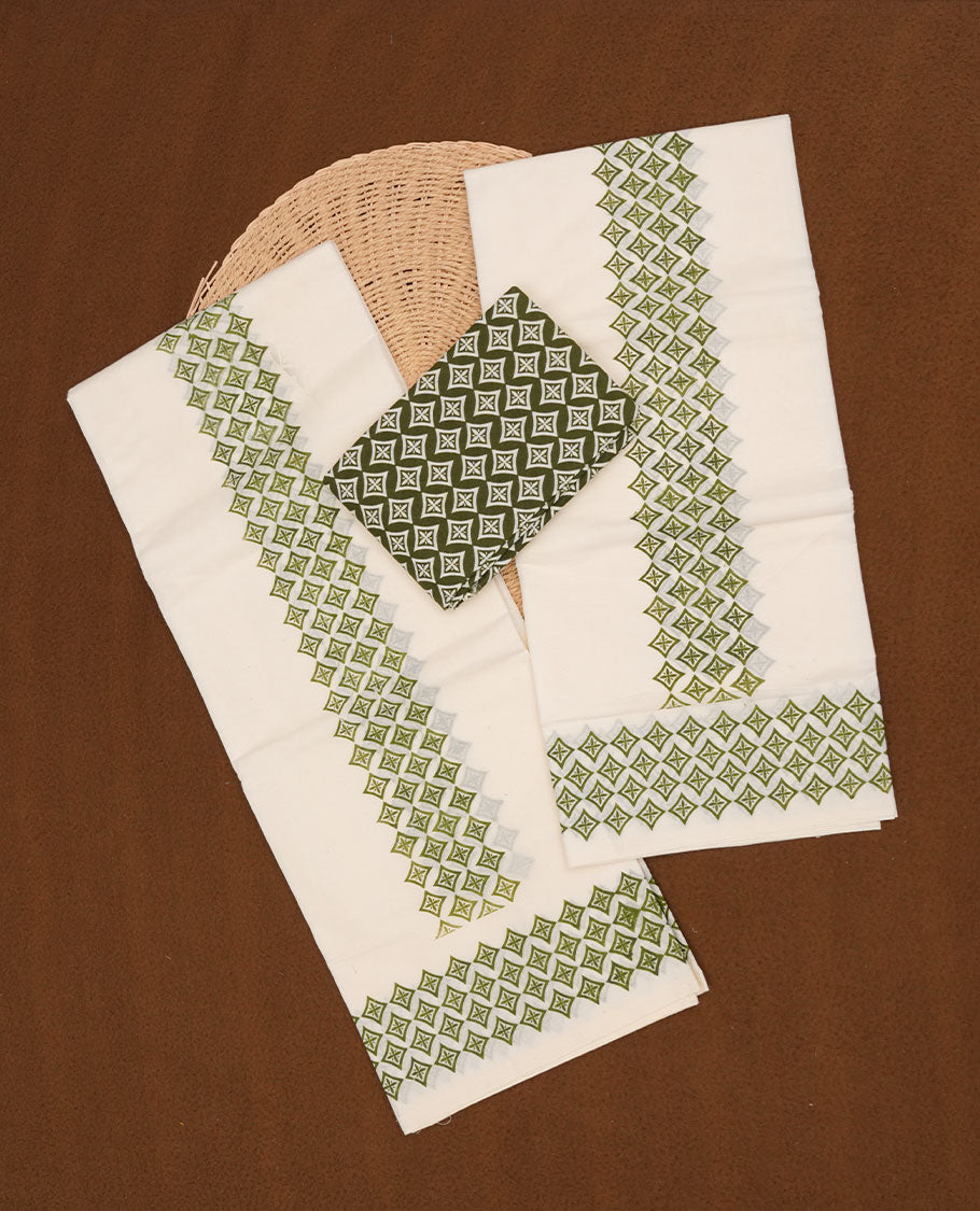 Off white colour cotton set mundu highlights green colour block print pattern across border (2.00/2.80 MTS)