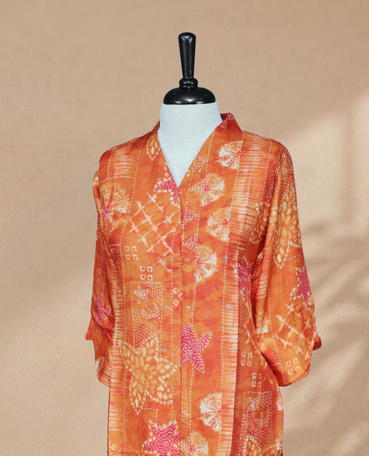 Orange Colour Kurti featuring Digital Prints & Stone Work On Body, a V-shaped neckline And  3/4 sleeves Design