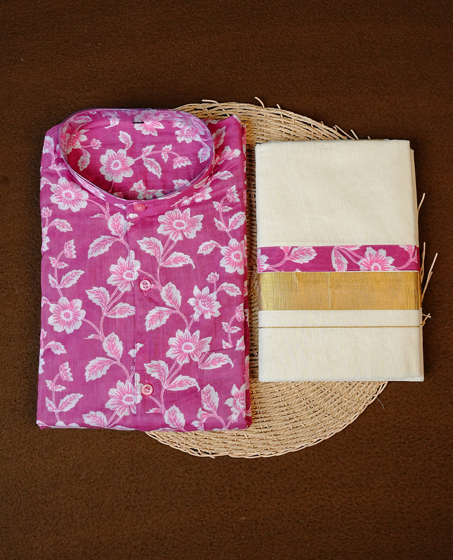 Pink Colour Floral Printed Half-Sleeve Shirt, Paired with a Cotton Double Dhoti Featuring Matching Prints.
