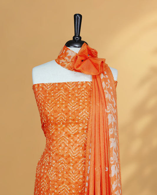 Orange Colour Salwar Material Featuring Hakoba Pattern on body, paired with matching bottom & Elegant Dupatta For All go occasion Wear.