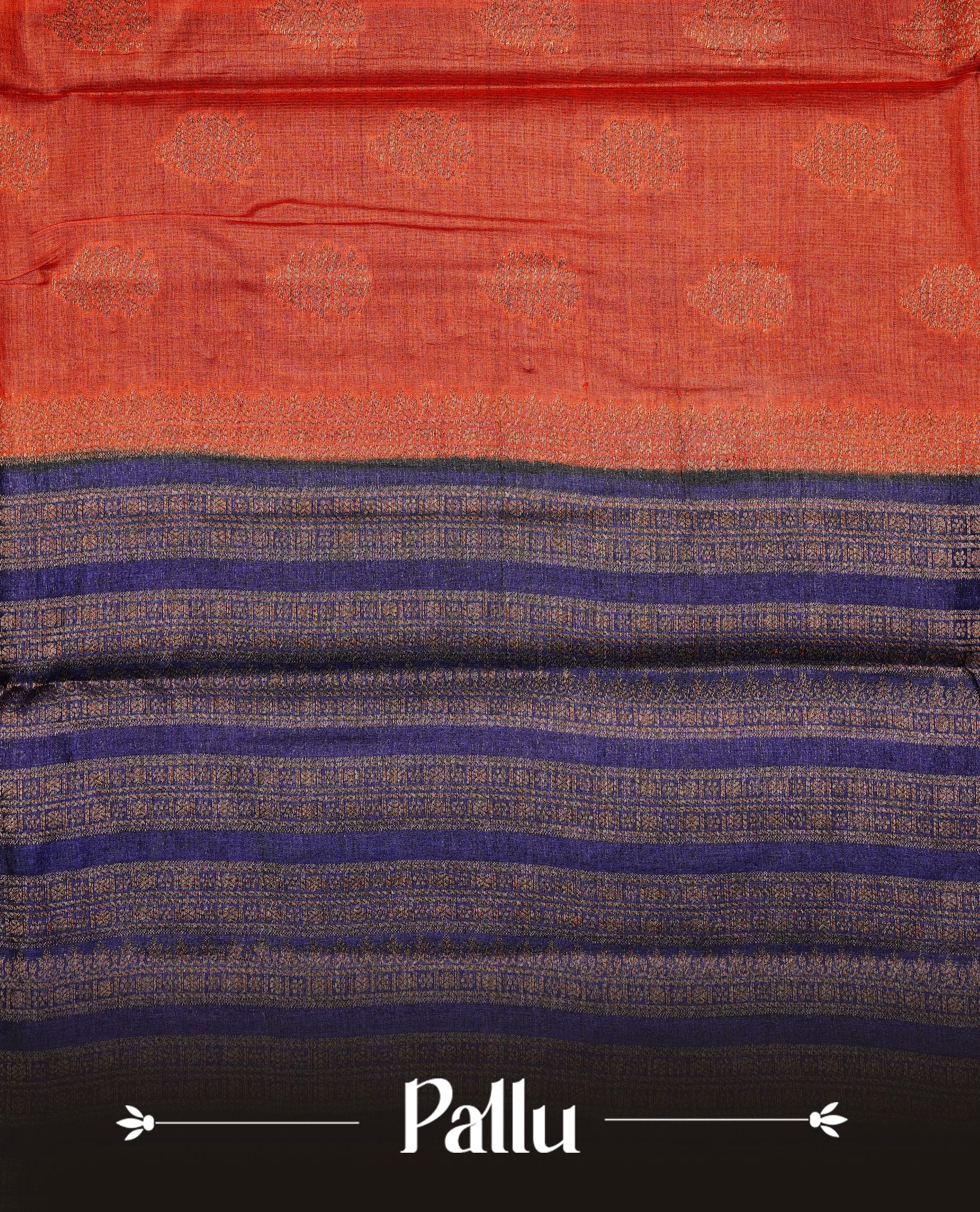 Rust orange colour pure tussar Banaras silk saree featuring elegant gold zari motifs across the body, complemented by a contrast Navy blue border with rich zari detailing. Comes with a matching blouse piece