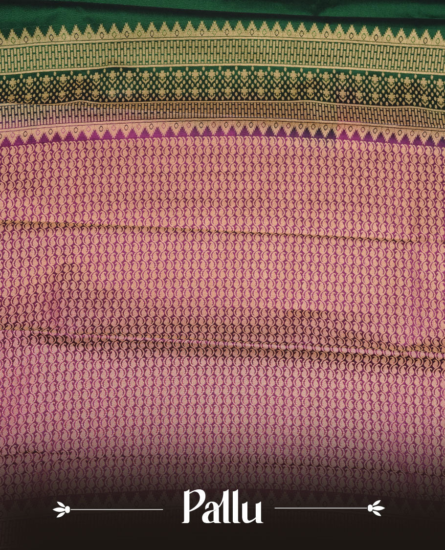 Green colour soft silk saree featuring Gold zari motifs on body, complemented by contrast purple colour with traditional border, paired with matching blouse piece.