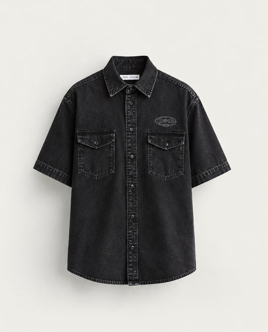 Black colour shirt denim style with Pockets on body, Half sleeve.
