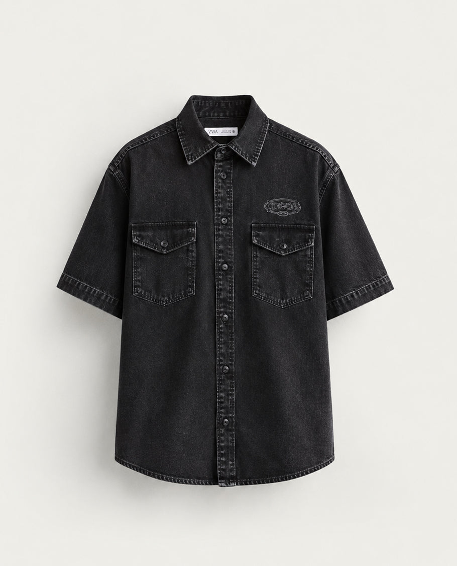 Black colour shirt denim style with Pockets on body, Half sleeve.