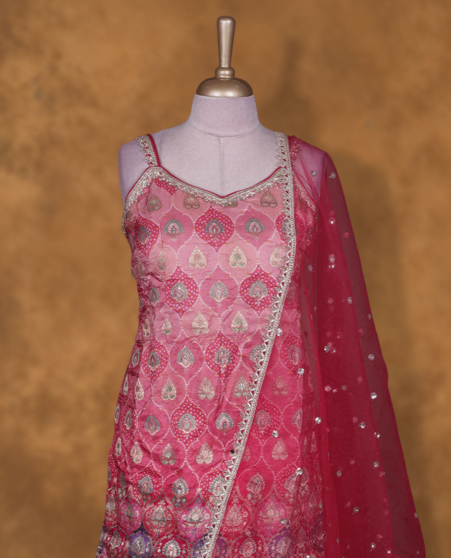Red colour sharara set adorned with intricate light gold embroidery and sequins work & The fitted embellished top pairs beautifully with the flared bottoms and matching dupatta.