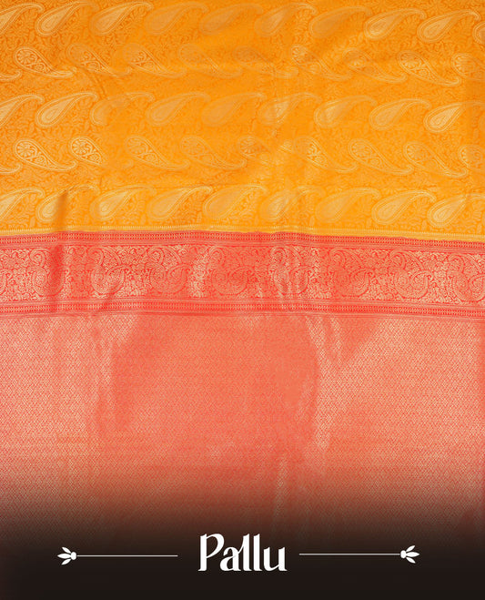 Mustard yellow colour semi silk brocade saree featuring intricate Gold Floral kodi & leaf patterns across the body, complemented by a contrast Red colour woven border and pallu, paired with a matching blouse.