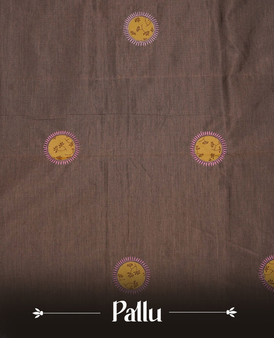Dark Brown colour Polycotton Saree featuring elegant Circle ajrakh designs on the body, complemented by a matching pallu & Paired with a contrasting printed blouse piece