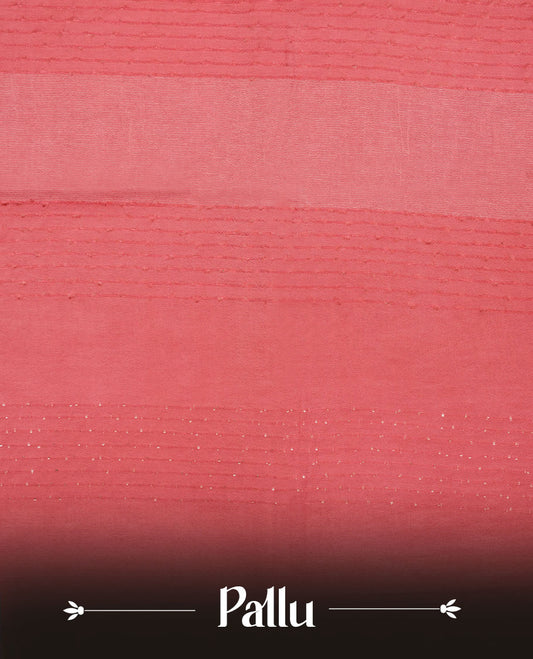 Brick red colour semi jute saree highlighting white thread motifs on body, without border and paired with matching blouse.