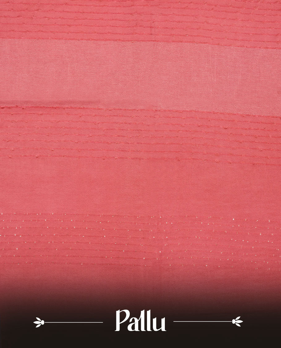 Brick red colour semi jute saree highlighting white thread motifs on body, without border and paired with matching blouse.