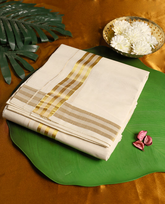 Classic off white colour pure cotton double dhoti with an elegant golden zari border featuring intricate detailing,A timeless traditional wear, perfect for weddings, festive occasions, and rituals.