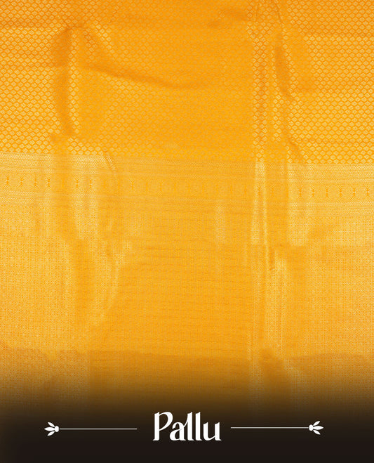 Light mustard colour semi silk brocade saree featuring intricate Gold patterns across the body, complemented by a Self colour woven border and pallu, paired with a matching blouse.