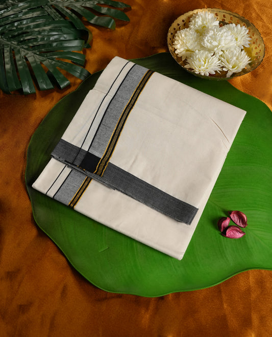 Cream colour cotton dhoti adorned with a refined grey border accentuated by sleek black lines and a touch of golden zari, blending traditional elegance with subtle modern charm for festive and cultural occasions.