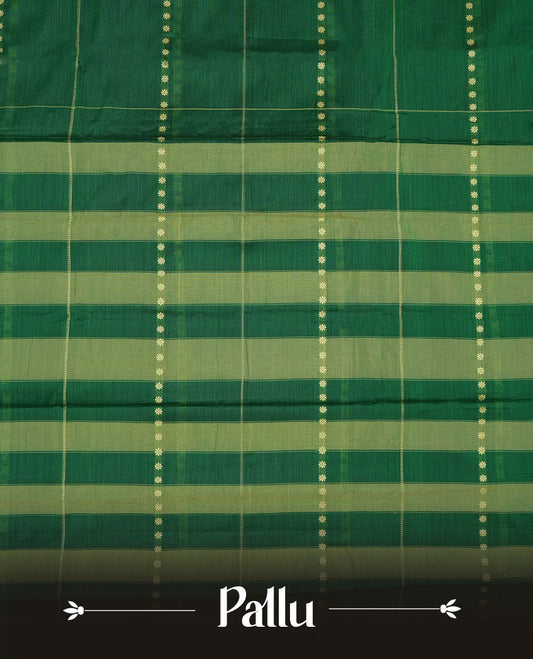 Green colour Narayanapattu cotton saree featuring a cream colour stripped body, contrast black colour with Cream zari border and pallu, pairing a matching blouse piece.