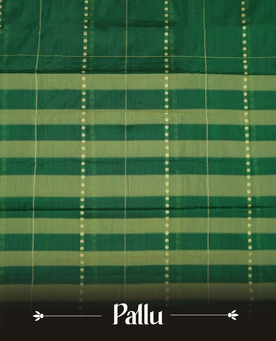 Green colour Narayanapattu cotton saree featuring a cream colour stripped body, contrast black colour with Cream zari border and pallu, pairing a matching blouse piece.