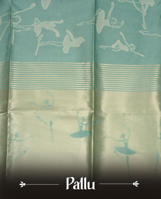 Pastel green colour semi tussar silk saree, featuring an intricate white dancing women motif on the body and pallu with gold zari , comes with matching blouse.