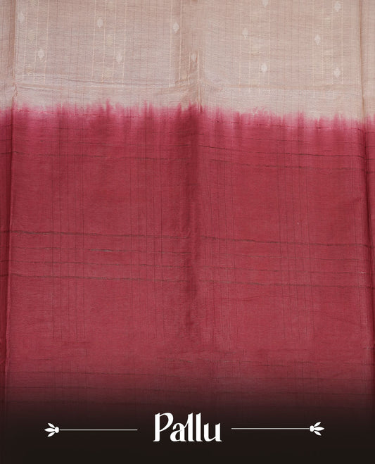 Cream & Red dye pattern colour semi jute saree highlighting white stripped body, without border and paired with matching blouse.