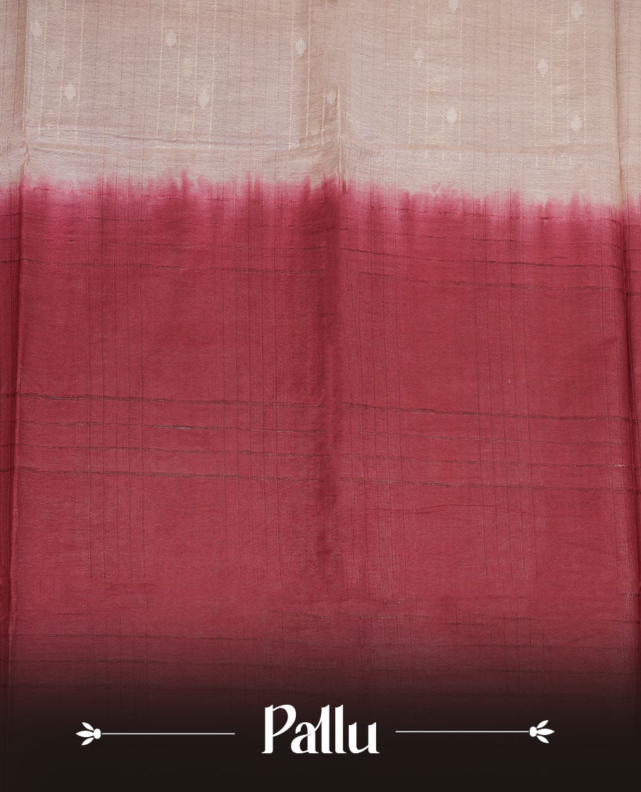 Cream & Red dye pattern colour semi jute saree highlighting white stripped body, without border and paired with matching blouse.