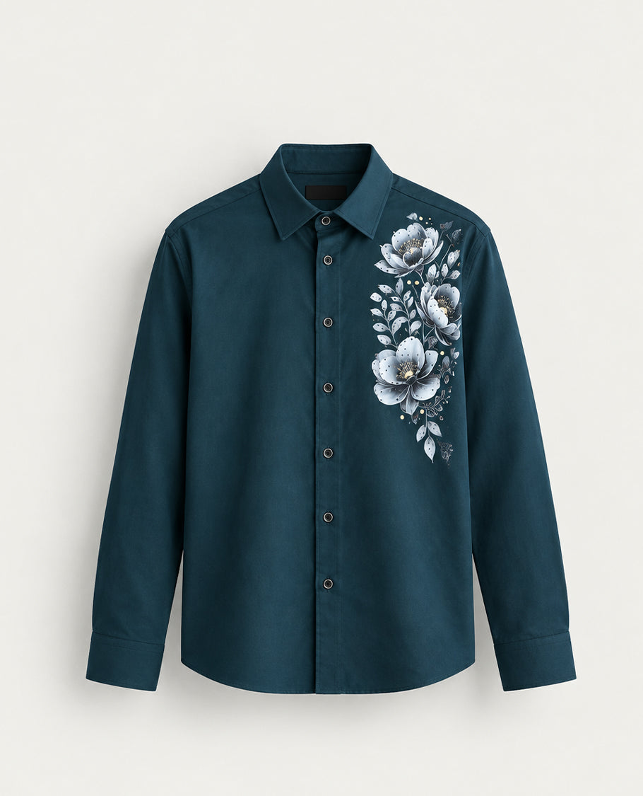 Dark green colour shirt with Floral patterned body, Full sleeve.